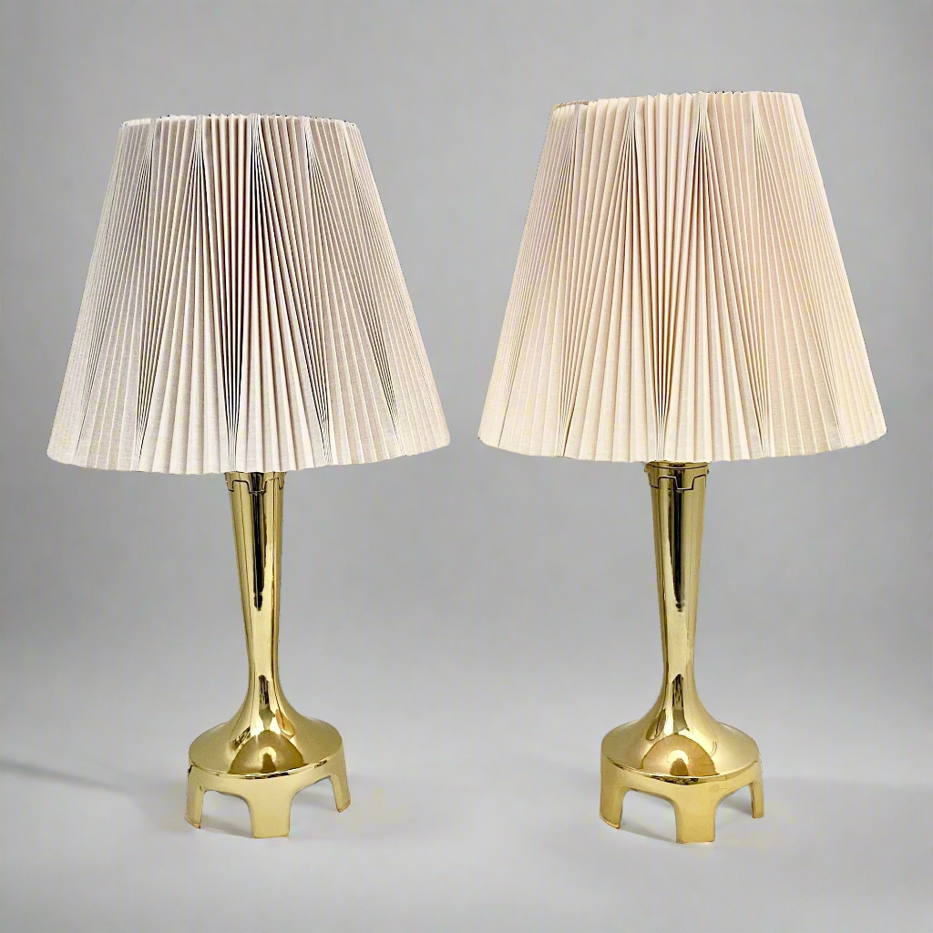 Laurel Lamp Co. Footed Brass Lamp Pair With Pleated Shades