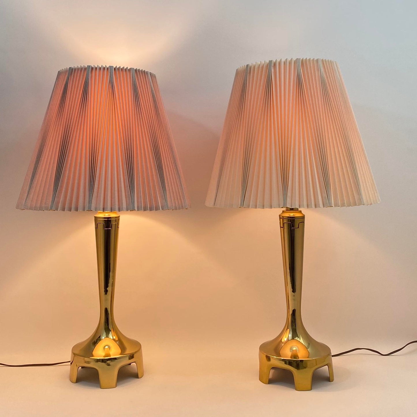 Laurel Lamp Co. Footed Brass Lamp Pair With Pleated Shades