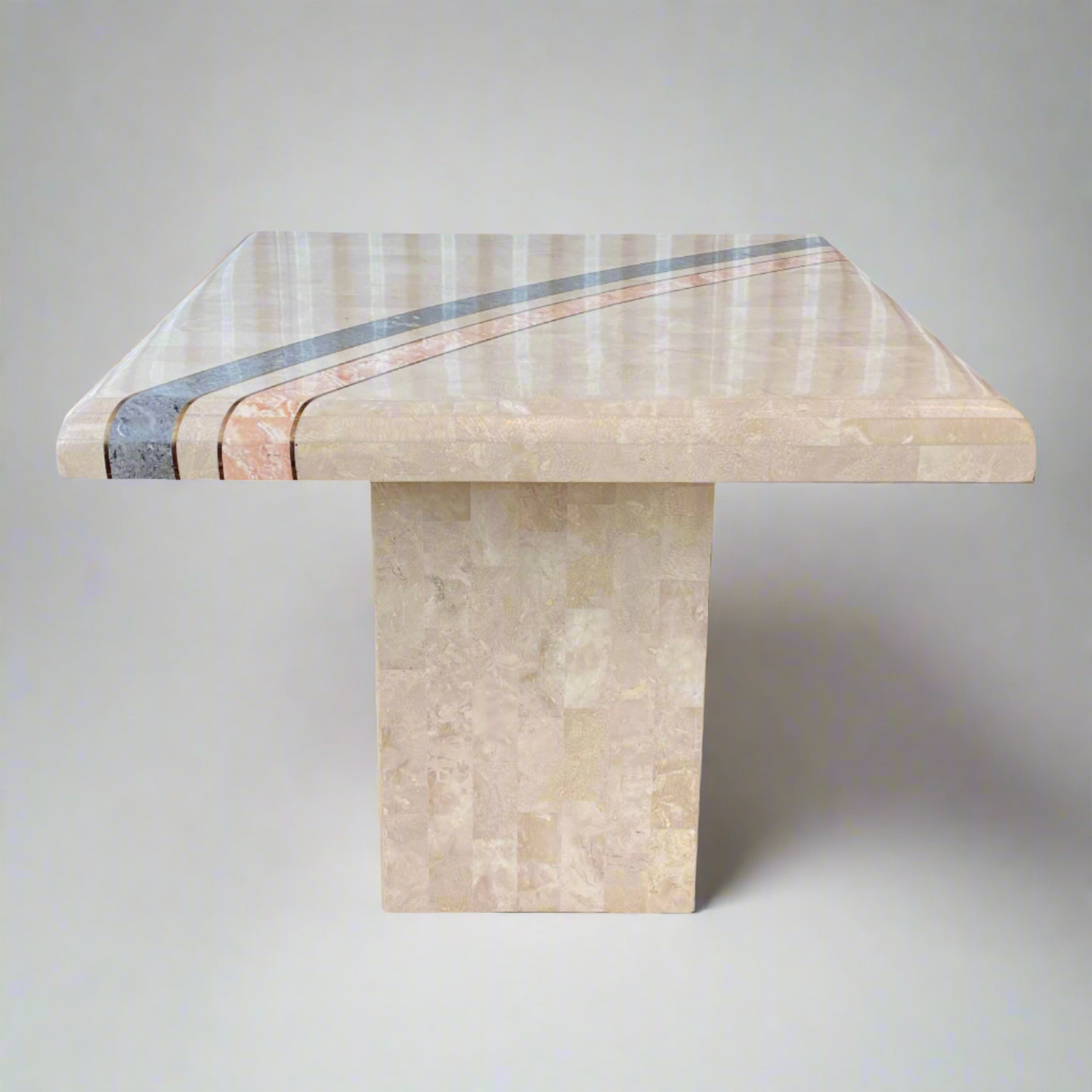 Tessellated Stone and Brass Inlay Pedestal Side Table