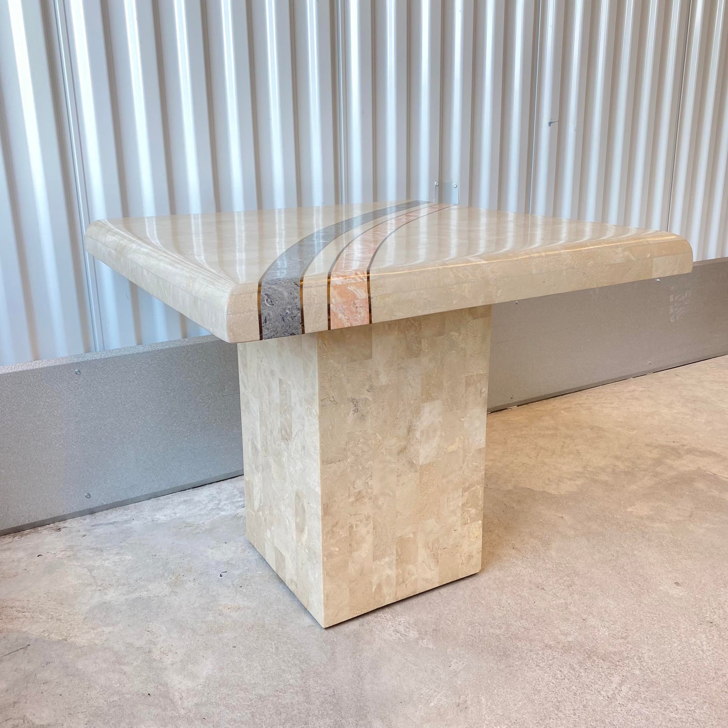Tessellated Stone and Brass Inlay Pedestal Side Table