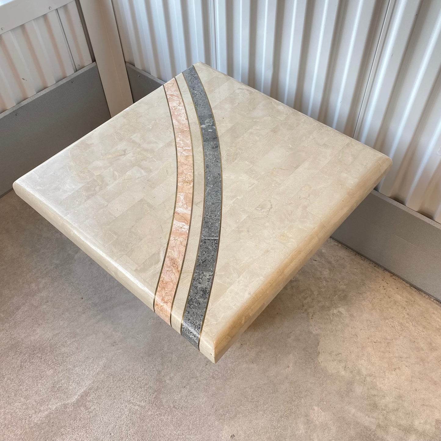Tessellated Stone and Brass Inlay Pedestal Side Table