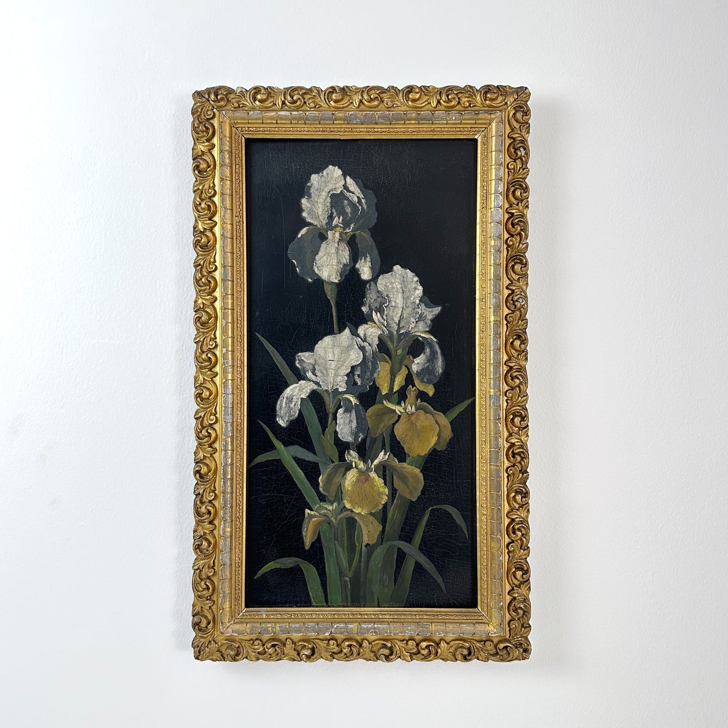 Mid 20th Century Original Oil on Wood Board Iris Framed Painting