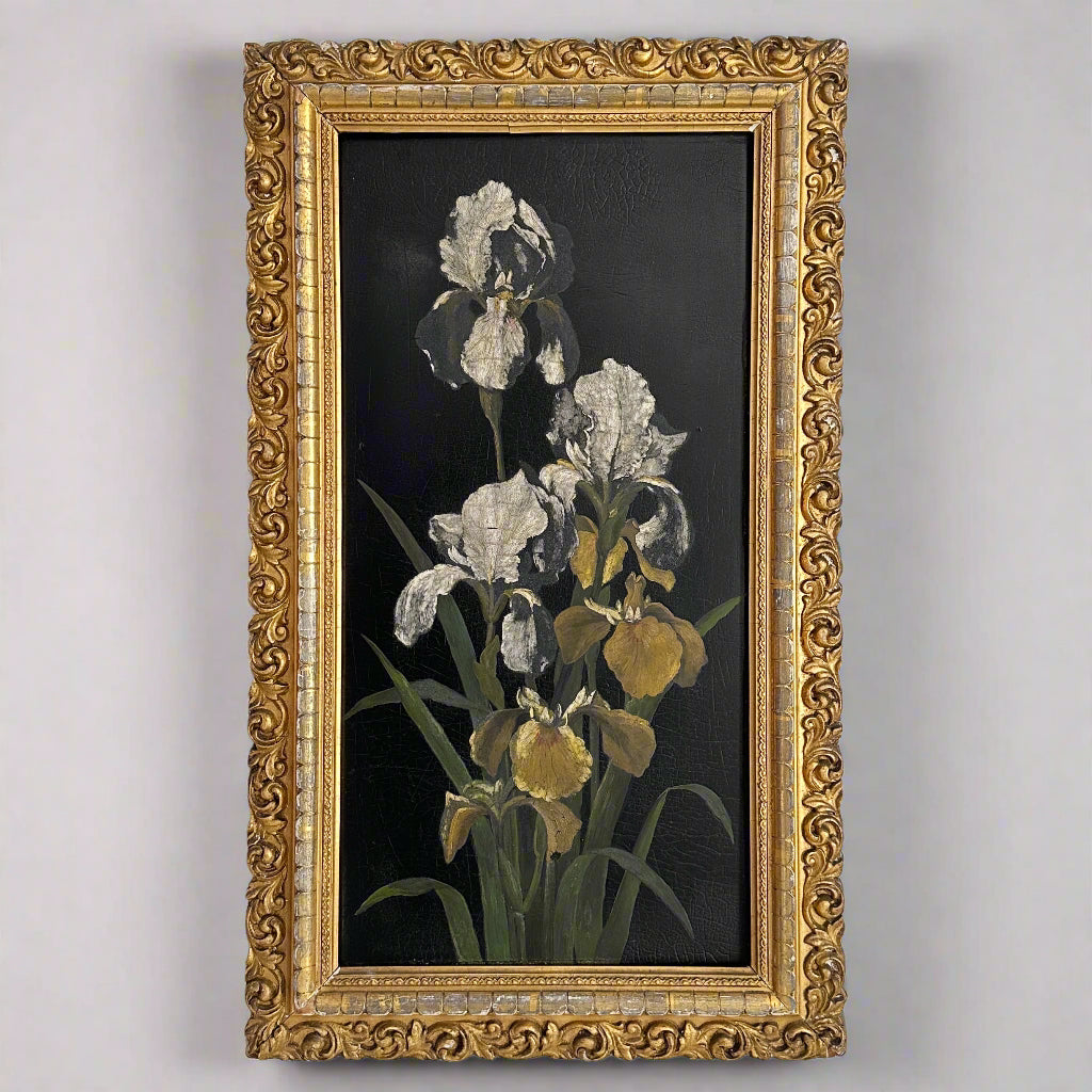 Mid 20th Century Original Oil on Wood Board Iris Framed Painting