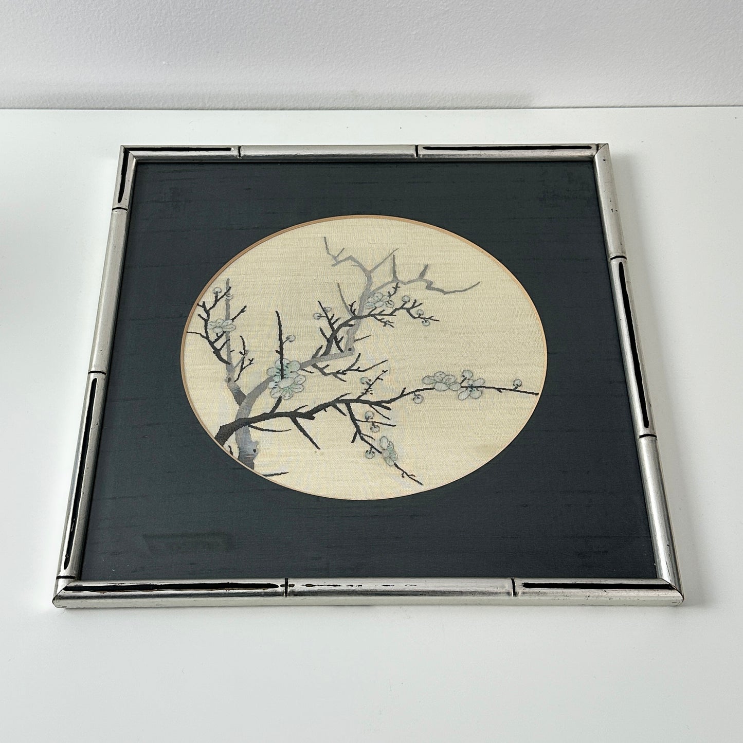 Vintage Chinoiserie Silk Embroidery Cherry Blossom Framed Art