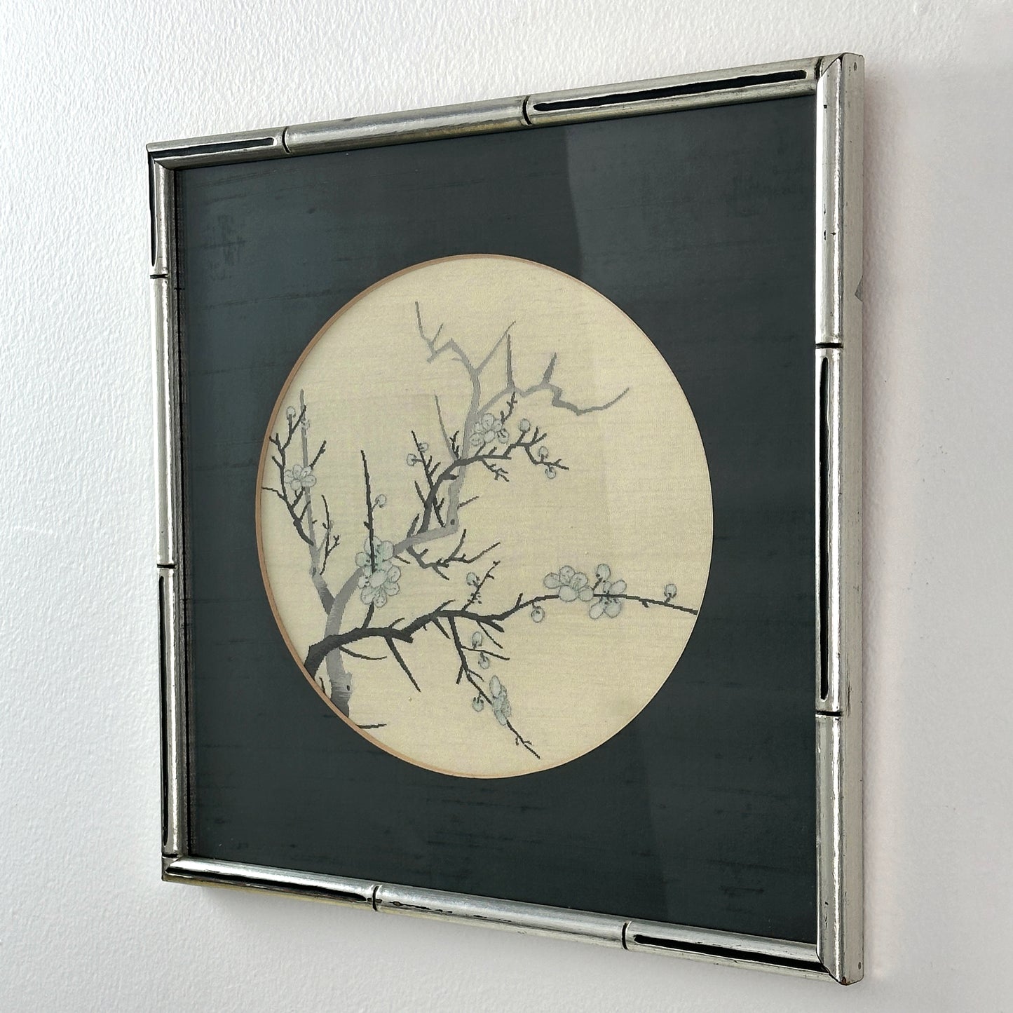 Vintage Chinoiserie Silk Embroidery Cherry Blossom Framed Art