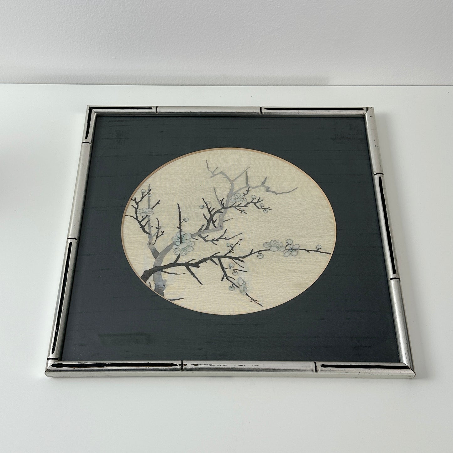 Vintage Chinoiserie Silk Embroidery Cherry Blossom Framed Art