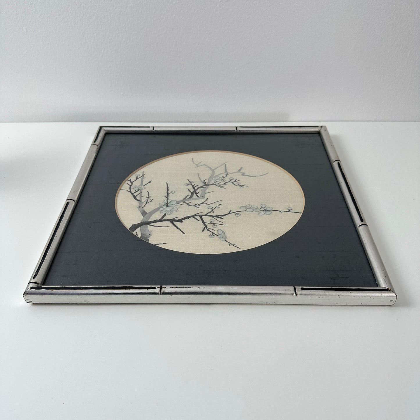 Vintage Chinoiserie Silk Embroidery Cherry Blossom Framed Art