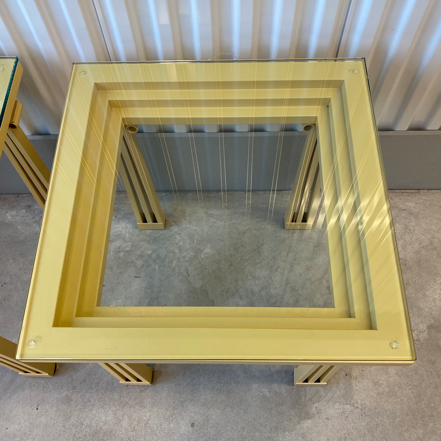 Alfrank Designs Postmodern Ionic Column Lacquered Wrought Iron Side Tables With Glass Tops - a Pair