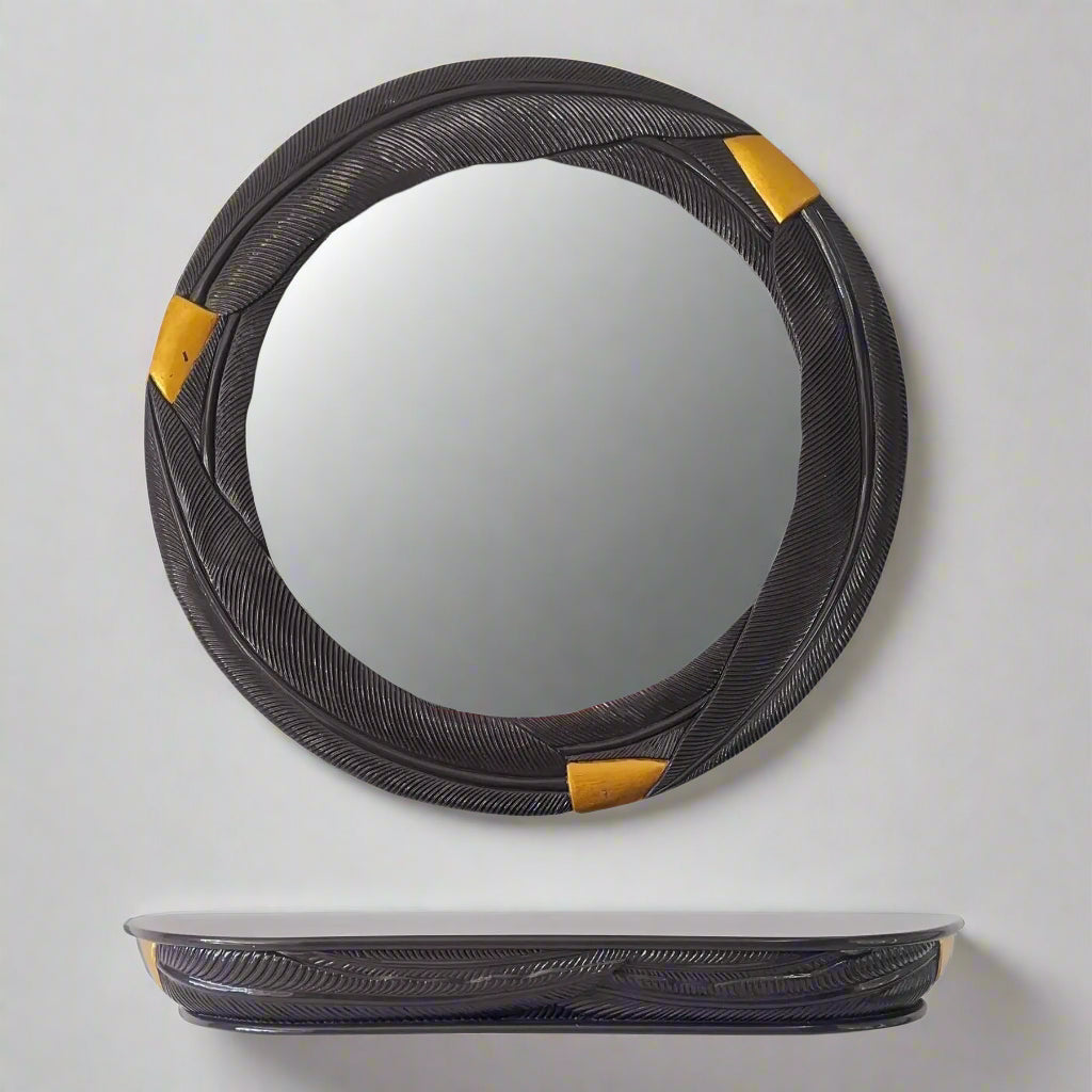 Lacquered Aubergine Palm Leaf Mirror and Wall Mounted Console