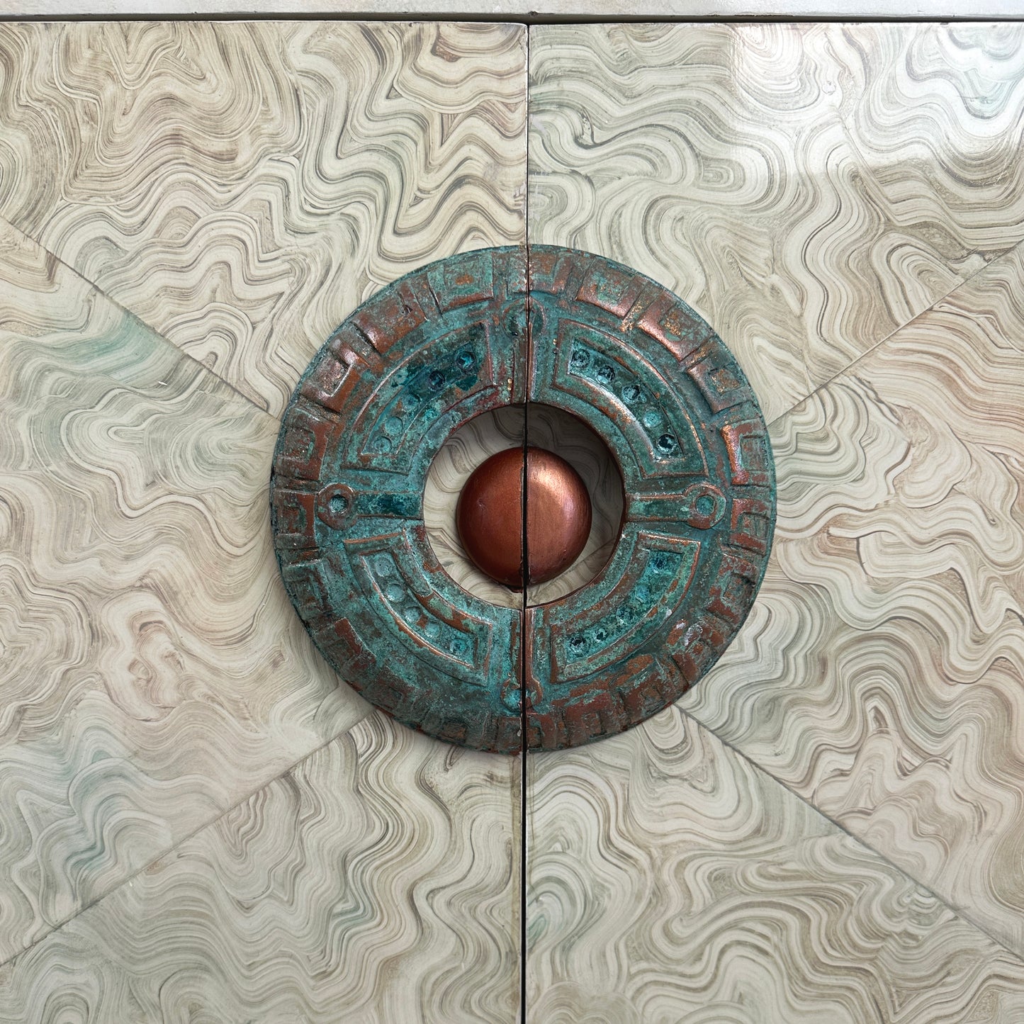 Brutalist Credenza With Hand-Painted Faux Marble and Patinated Bronze Medallion, Late 20th Century