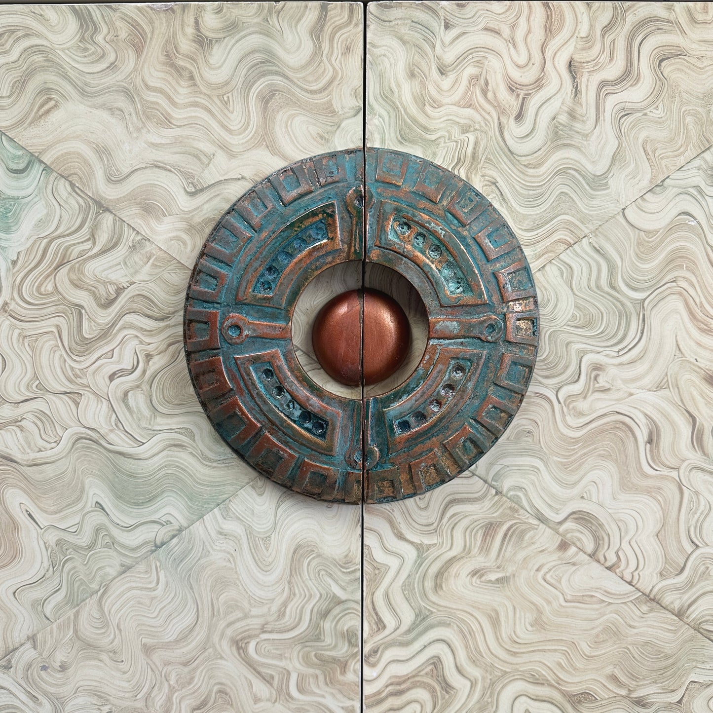 Brutalist Credenza With Hand-Painted Faux Marble and Patinated Bronze Medallion, Late 20th Century