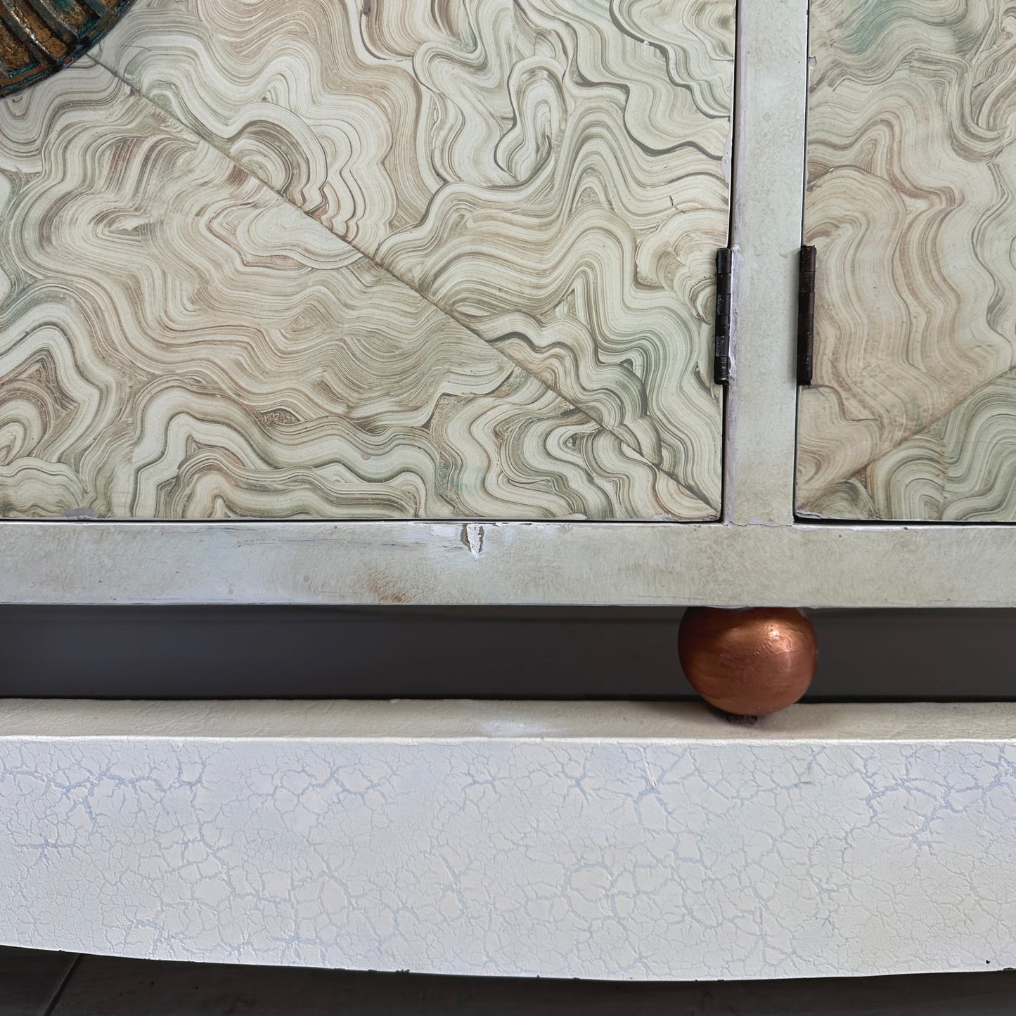 Brutalist Credenza With Hand-Painted Faux Marble and Patinated Bronze Medallion, Late 20th Century