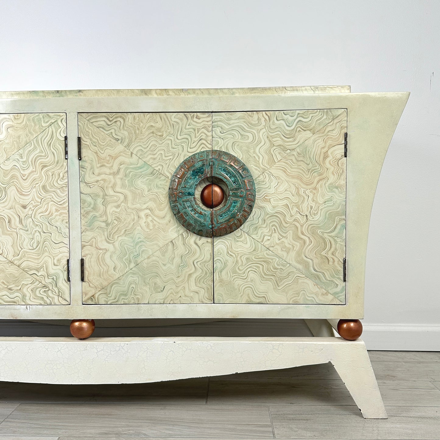 Brutalist Credenza With Hand-Painted Faux Marble and Patinated Bronze Medallion, Late 20th Century