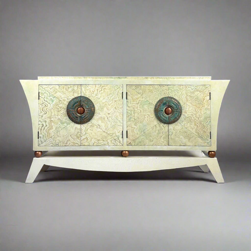 Brutalist Credenza With Hand-Painted Faux Marble and Patinated Bronze Medallion, Late 20th Century
