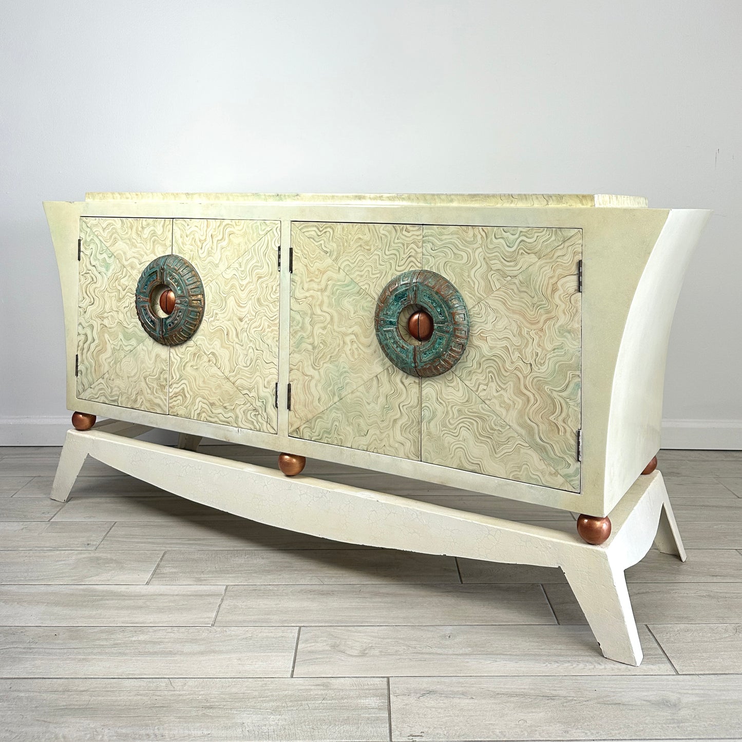 Brutalist Credenza With Hand-Painted Faux Marble and Patinated Bronze Medallion, Late 20th Century