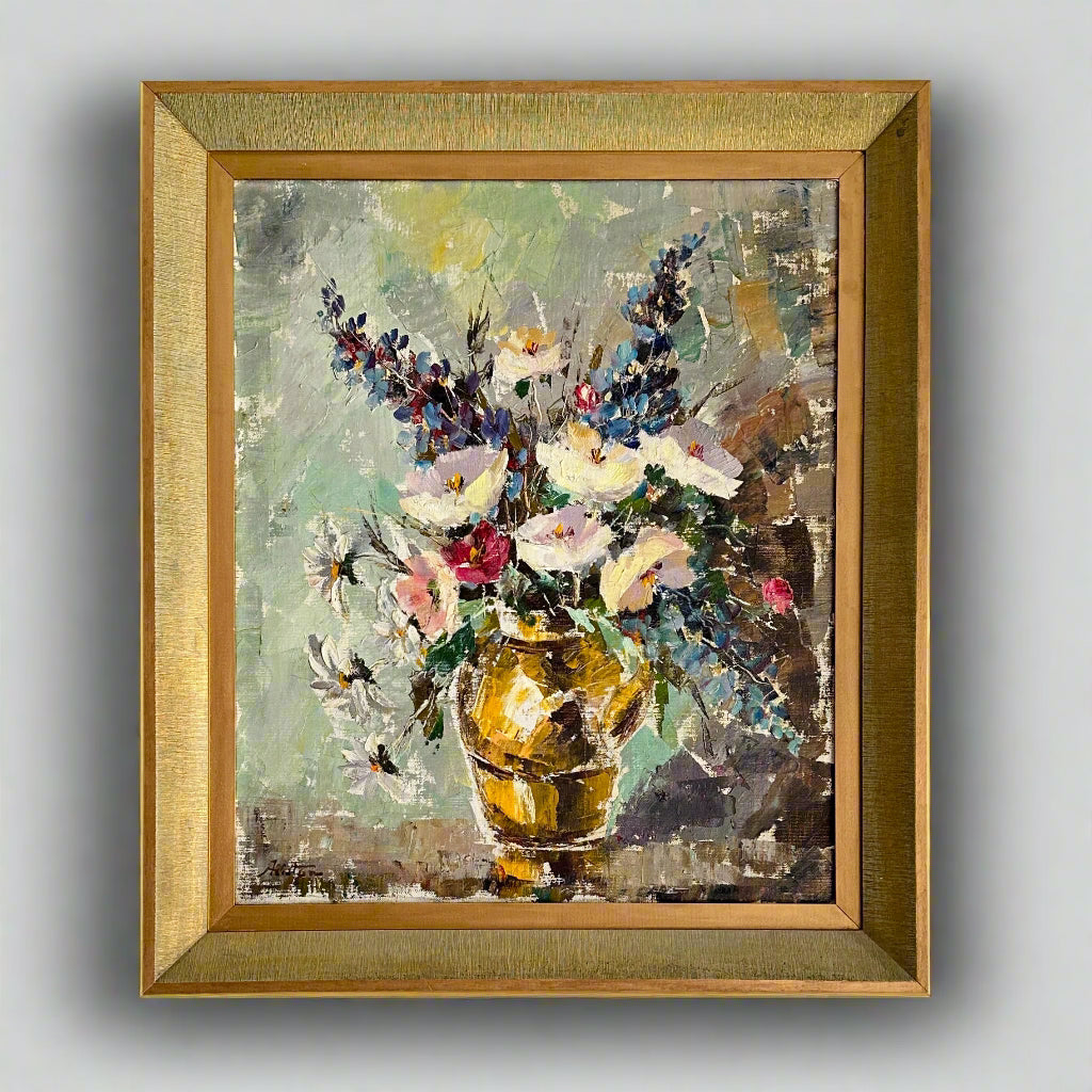 Mid 20th Century Signed Floral Still Life Original Art in Gilded Frame