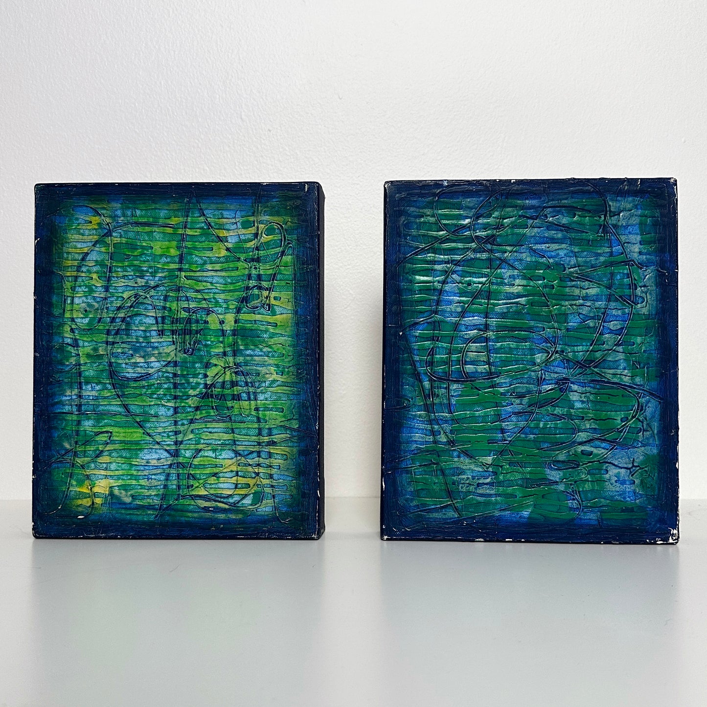 Vintage Abstract Diptych Paintings- Set of 2