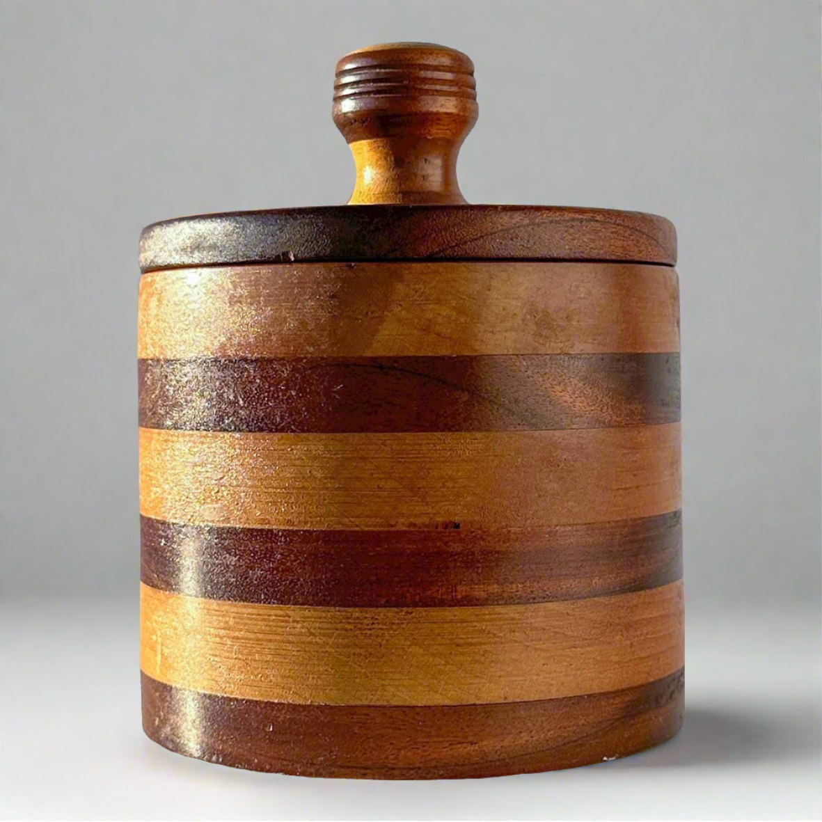 Hand Turned Striped Wood Canister With Lid