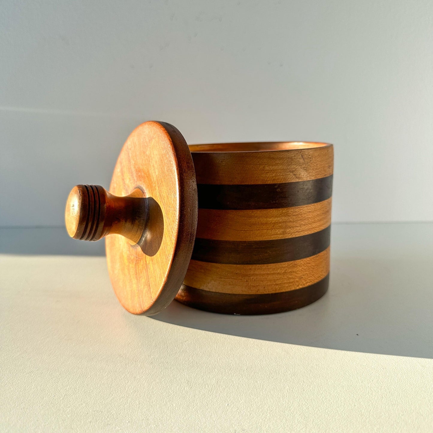 Hand Turned Striped Wood Canister With Lid