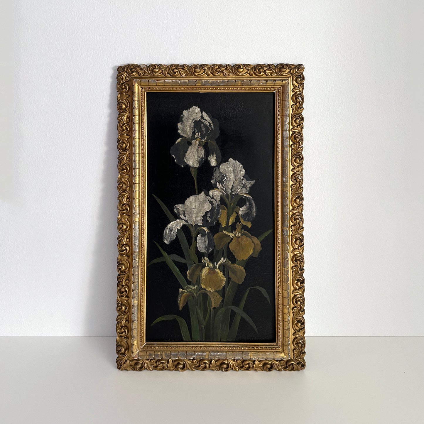 Mid 20th Century Original Oil on Wood Board Iris Framed Painting