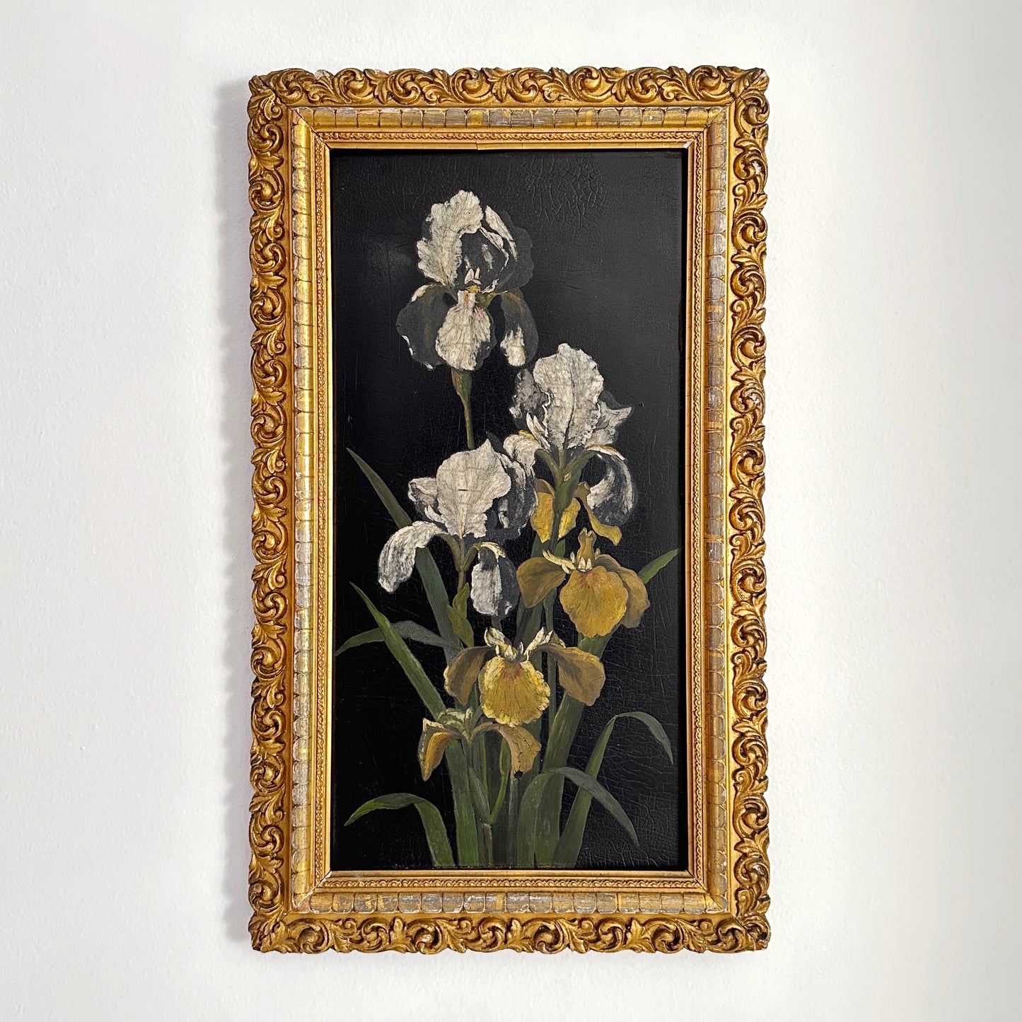 Mid 20th Century Original Oil on Wood Board Iris Framed Painting