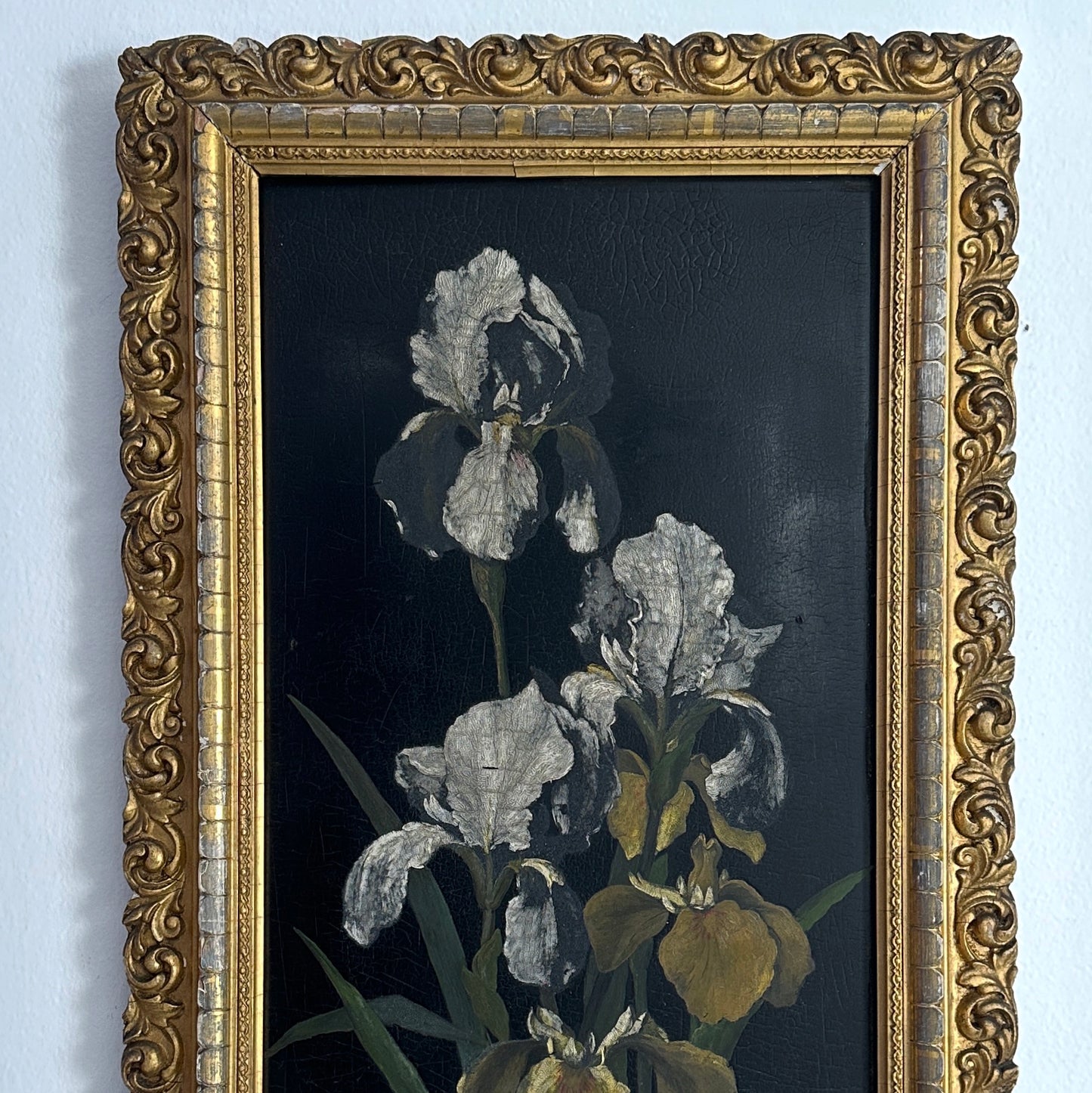 Mid 20th Century Original Oil on Wood Board Iris Framed Painting