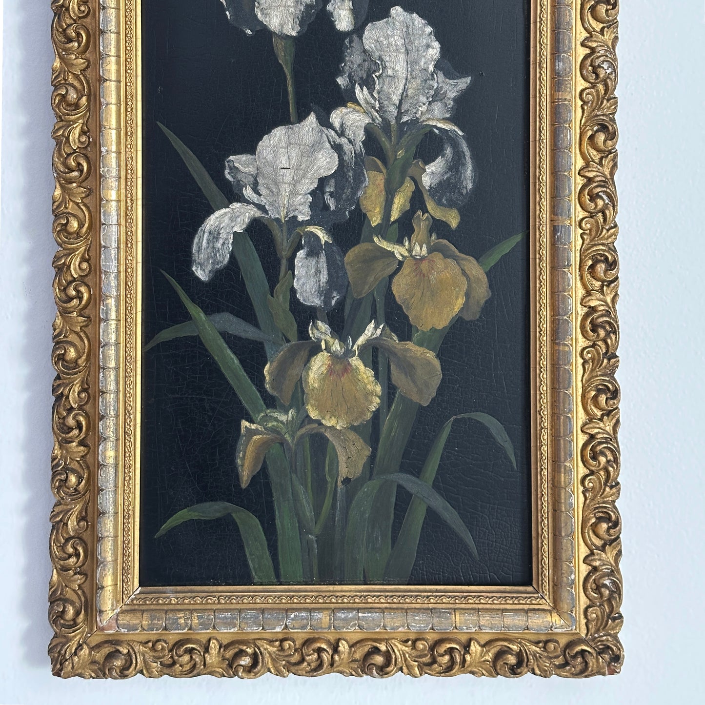Mid 20th Century Original Oil on Wood Board Iris Framed Painting
