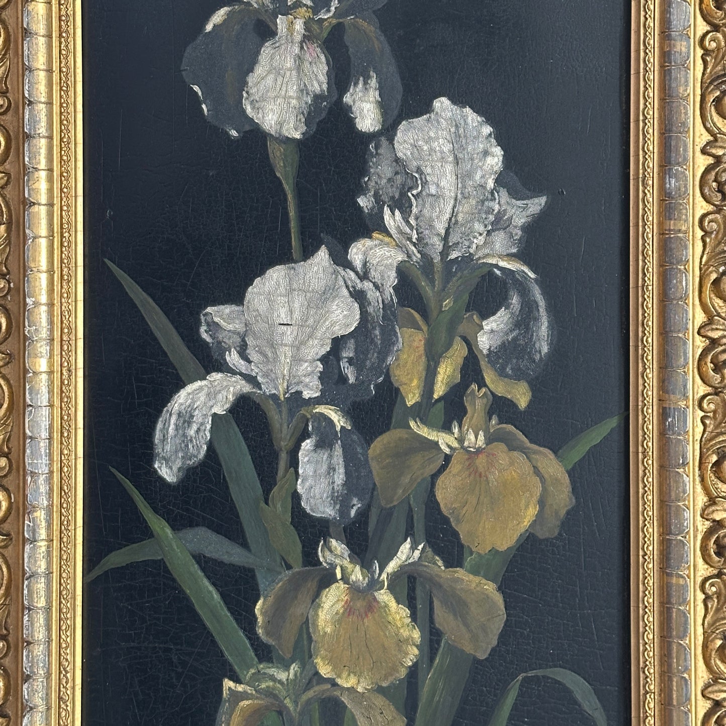 Mid 20th Century Original Oil on Wood Board Iris Framed Painting