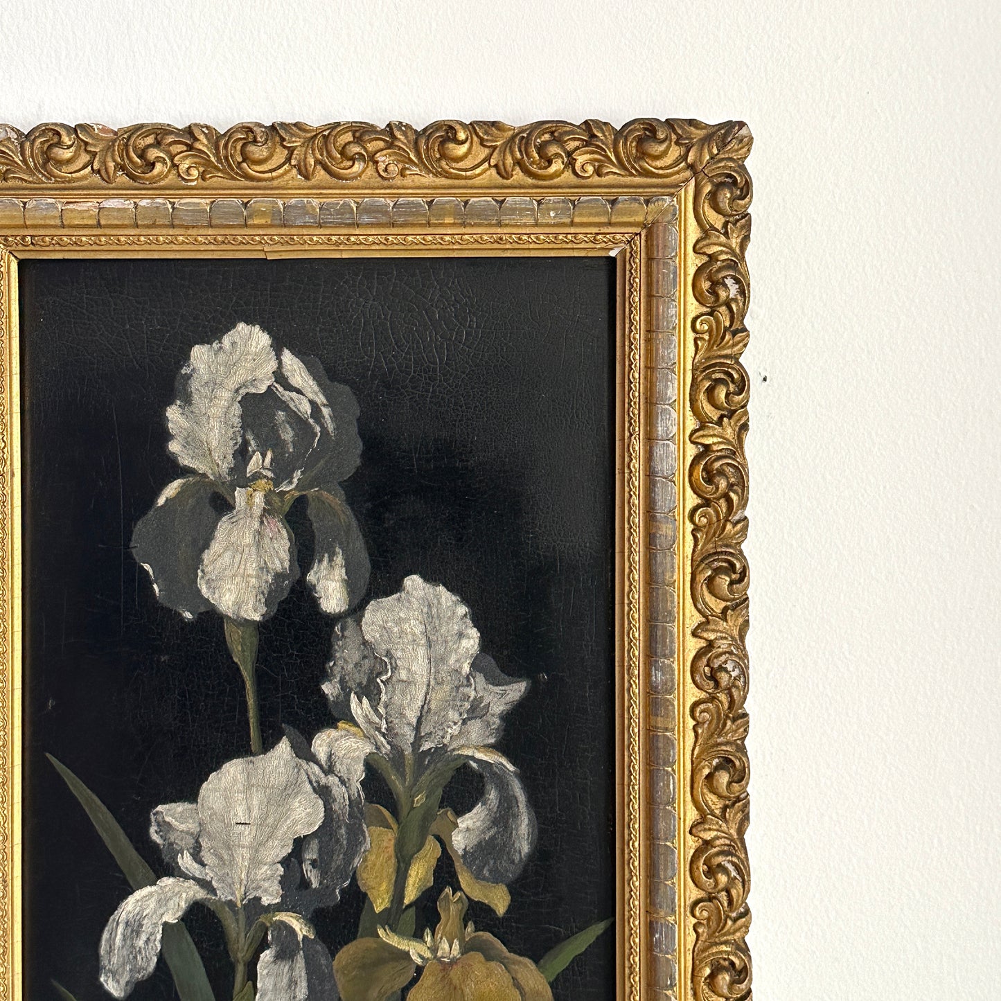 Mid 20th Century Original Oil on Wood Board Iris Framed Painting