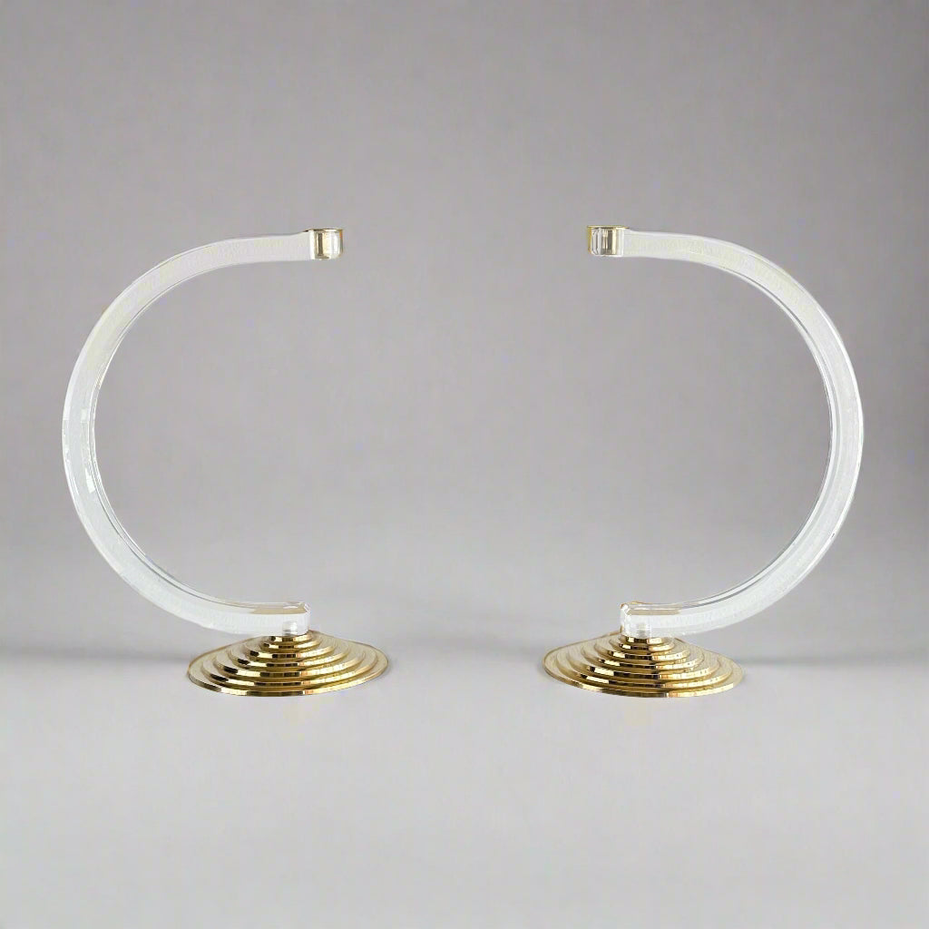 Mid-Century Modern Lucite and Brass Candle Holder Pair