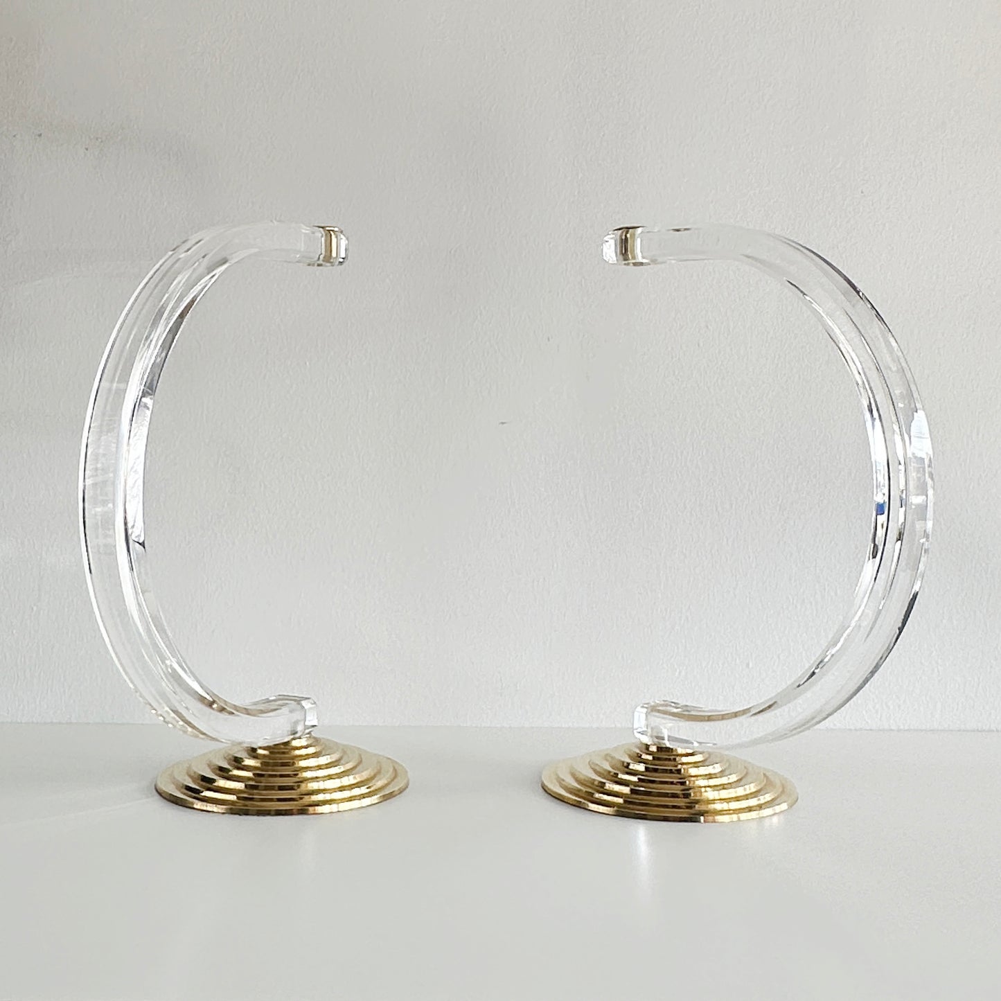 Mid-Century Modern Lucite and Brass Candle Holder Pair