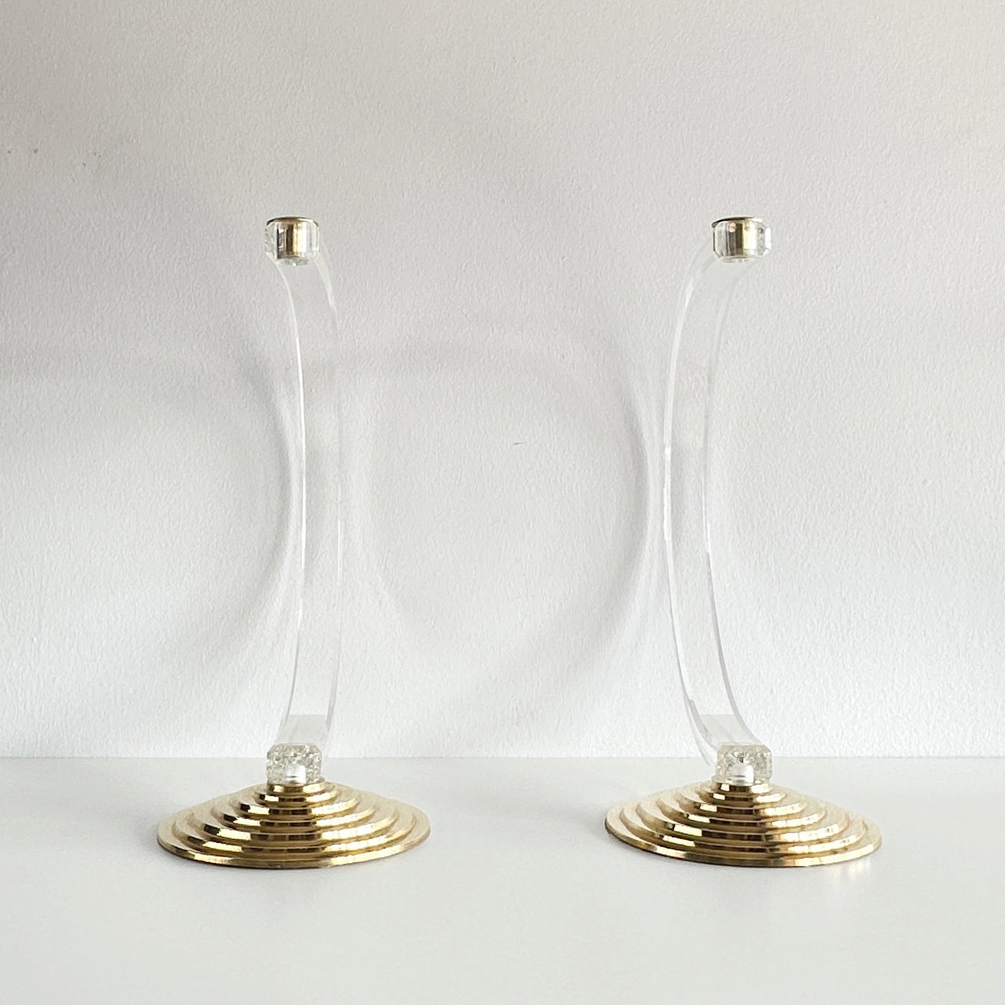 Mid-Century Modern Lucite and Brass Candle Holder Pair