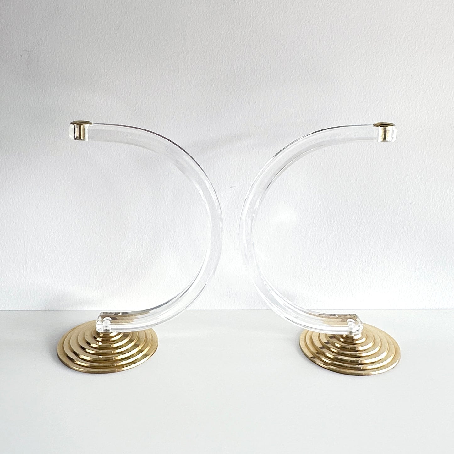 Mid-Century Modern Lucite and Brass Candle Holder Pair