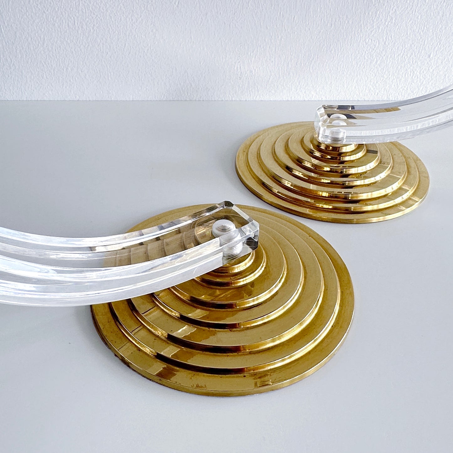 Mid-Century Modern Lucite and Brass Candle Holder Pair