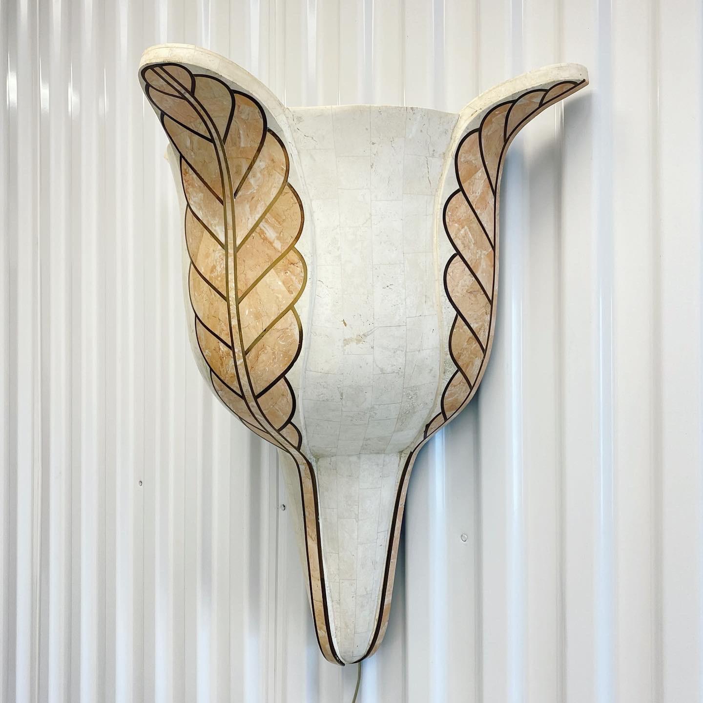 Maitland Smith Style Inlaid Marble Stone and Brass Wall Sconce Lamp