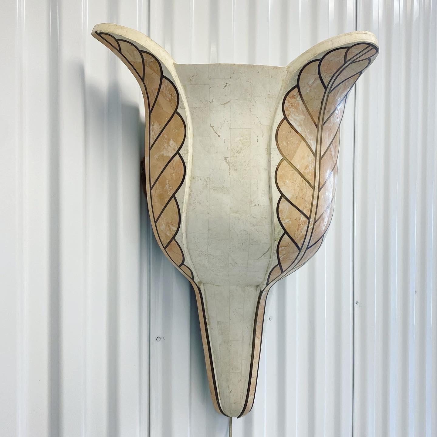 Maitland Smith Style Inlaid Marble Stone and Brass Wall Sconce Lamp
