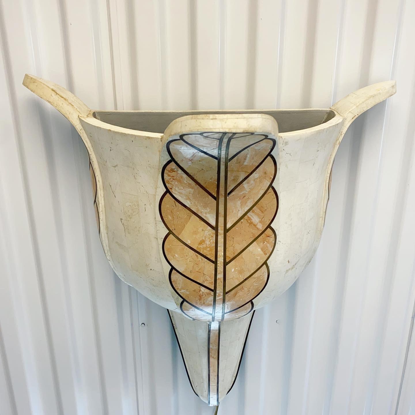 Maitland Smith Style Inlaid Marble Stone and Brass Wall Sconce Lamp