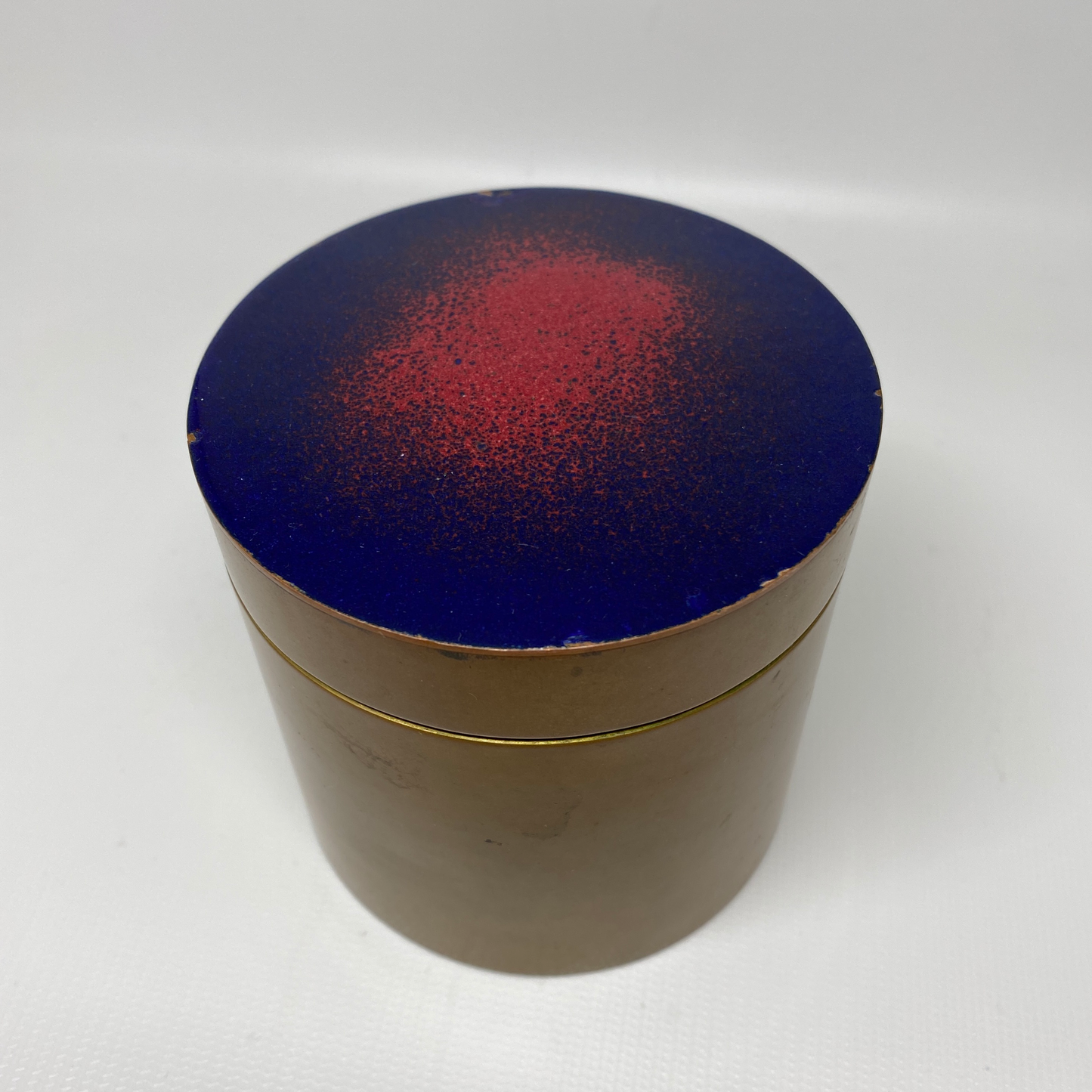 Mid-Century Enameled Lid Round Brass Box