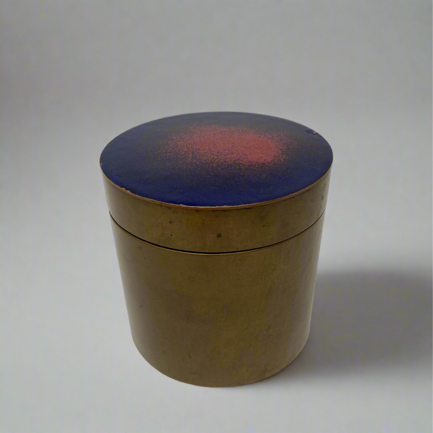 Mid-Century Enameled Lid Round Brass Box