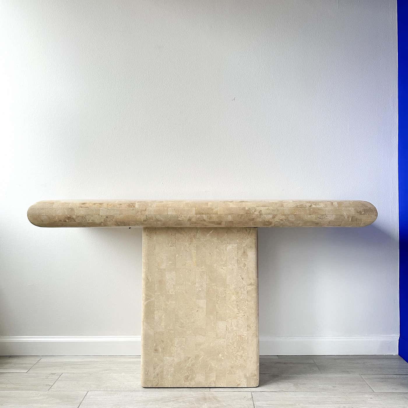 Maitland Smith Tessellated Stone Pedestal Console Table With Brass Inlay