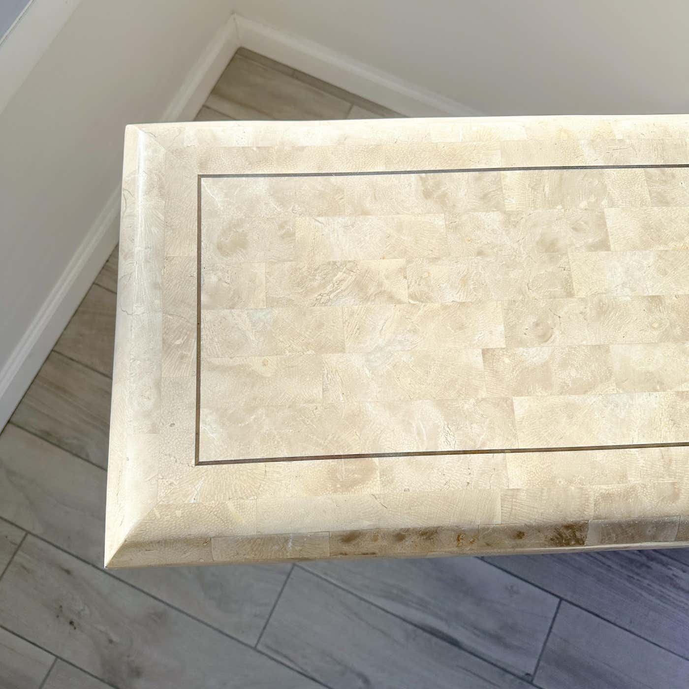 Maitland Smith Tessellated Stone Pedestal Console Table With Brass Inlay