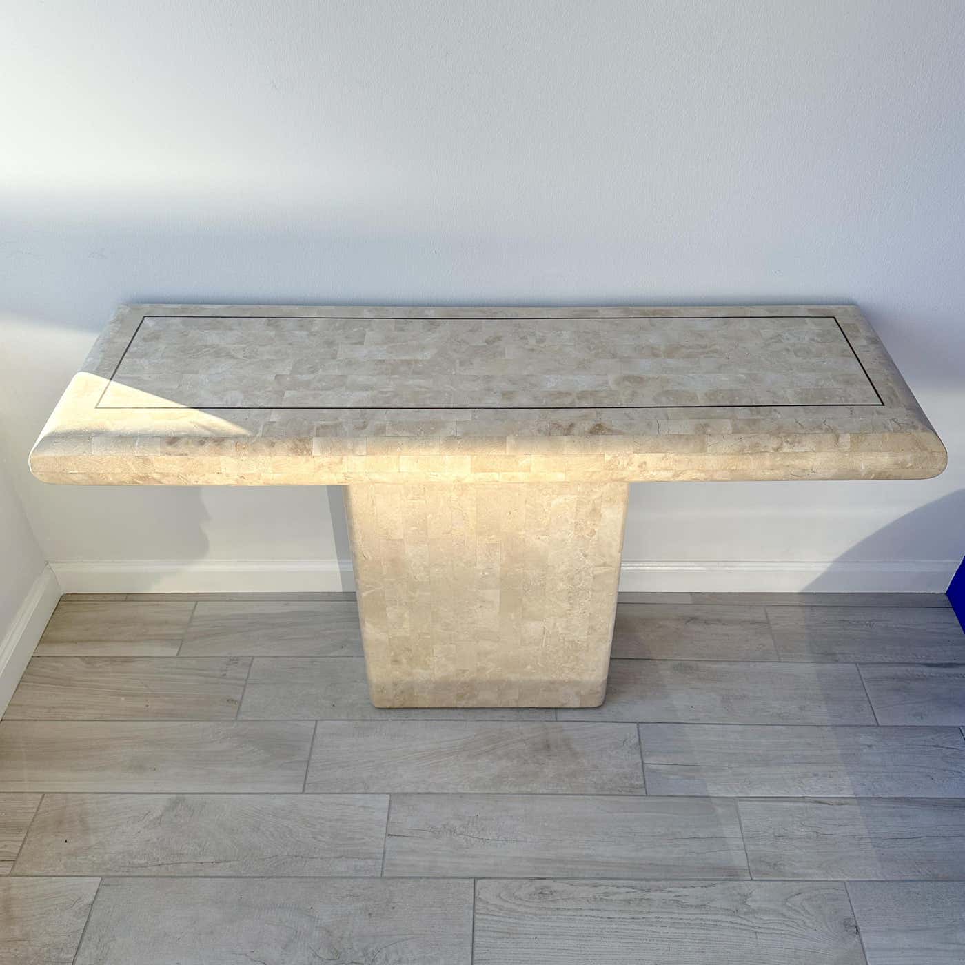 Maitland Smith Tessellated Stone Pedestal Console Table With Brass Inlay