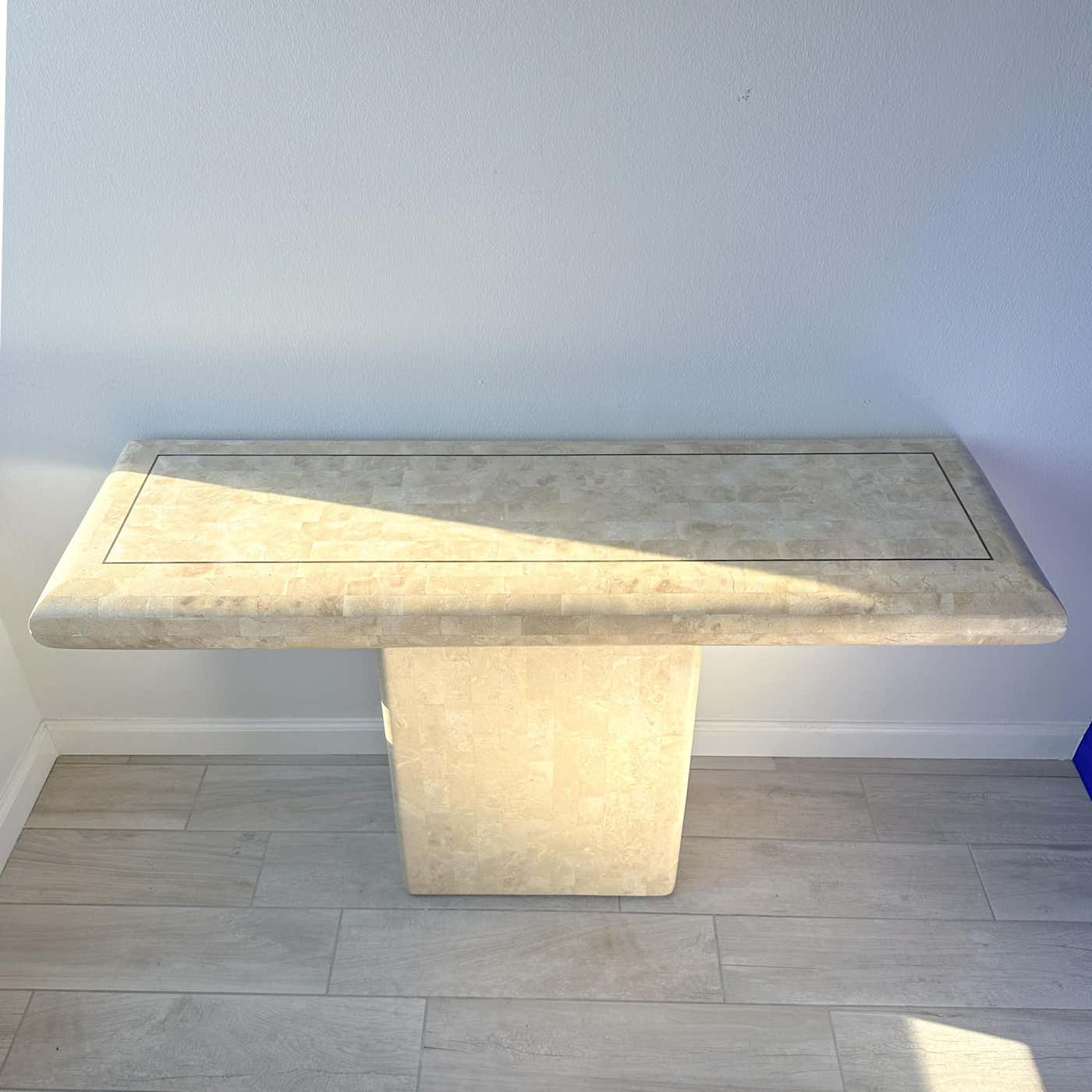 Maitland Smith Tessellated Stone Pedestal Console Table With Brass Inlay