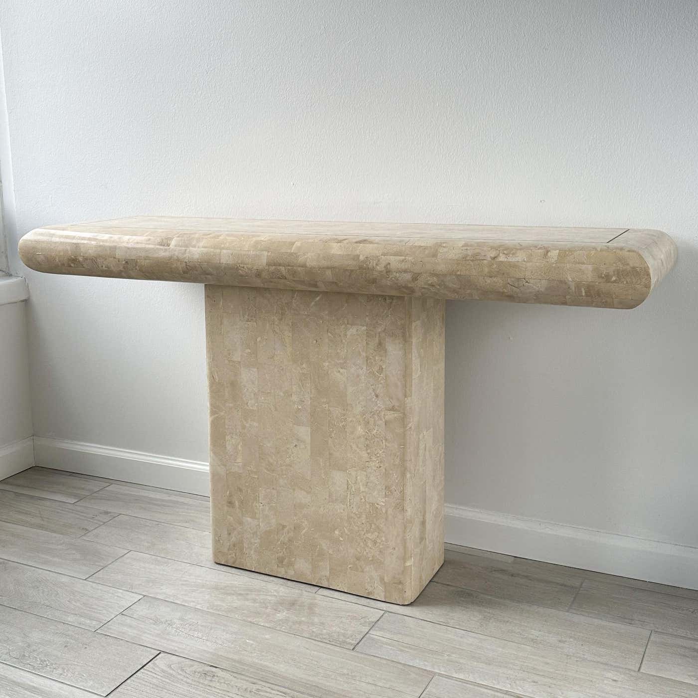 Maitland Smith Tessellated Stone Pedestal Console Table With Brass Inlay