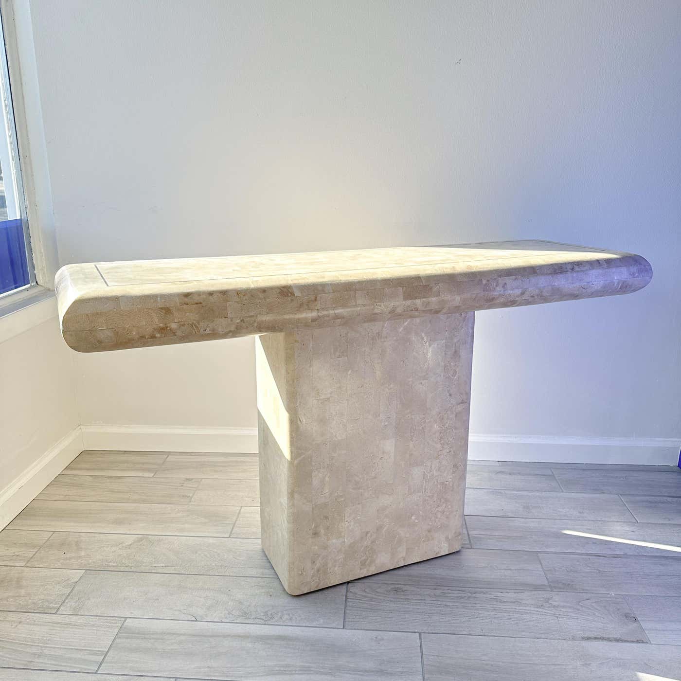 Maitland Smith Tessellated Stone Pedestal Console Table With Brass Inlay
