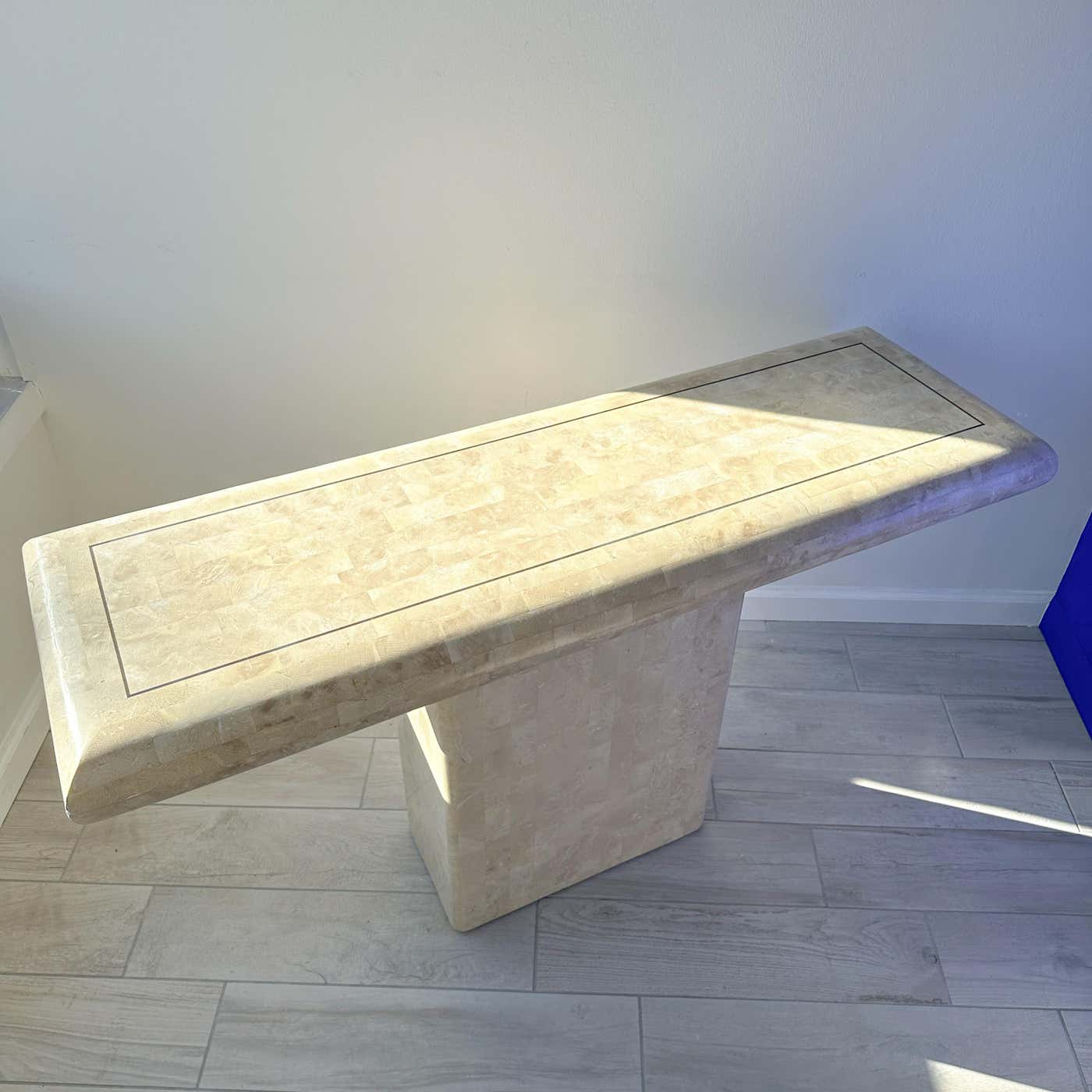 Maitland Smith Tessellated Stone Pedestal Console Table With Brass Inlay