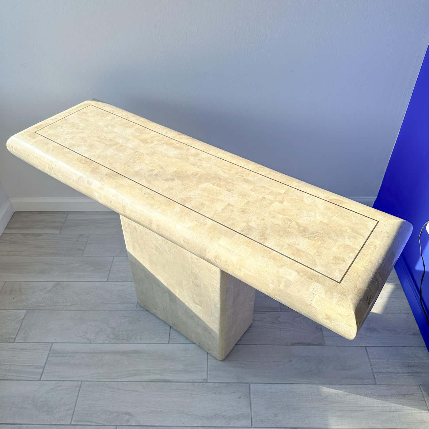 Maitland Smith Tessellated Stone Pedestal Console Table With Brass Inlay