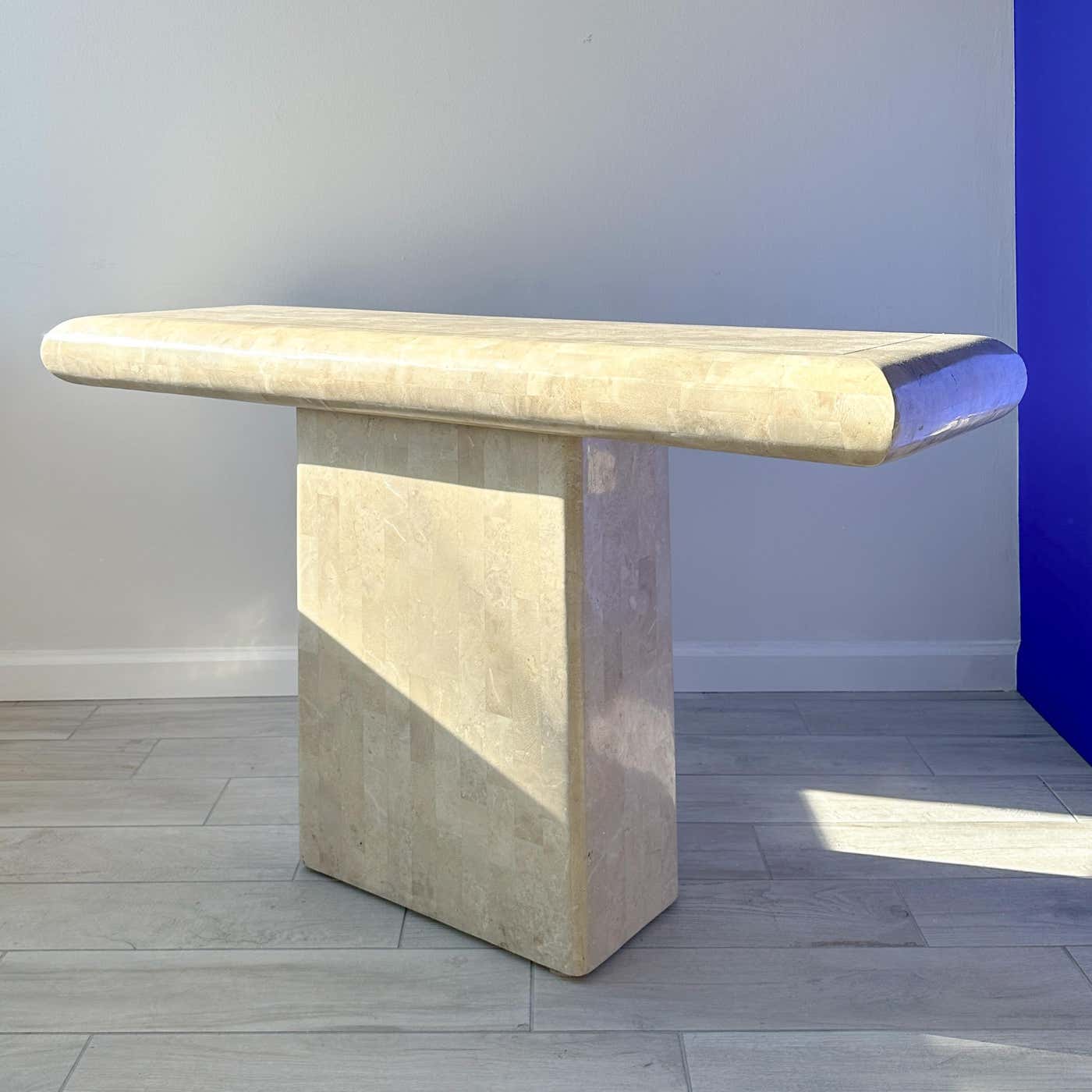 Maitland Smith Tessellated Stone Pedestal Console Table With Brass Inlay