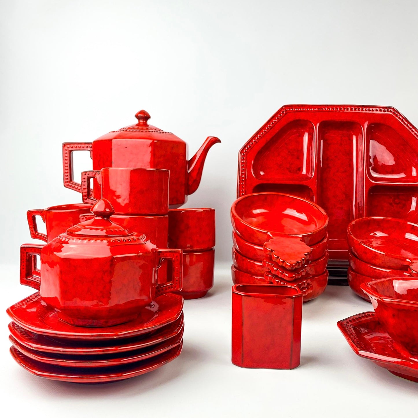 P V Italy Ceramic Orange Red Coffee/Tea and Serving Set- 25 Total Piece Set