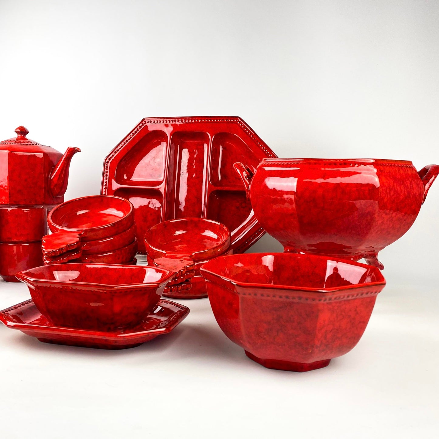 P V Italy Ceramic Orange Red Coffee/Tea and Serving Set- 25 Total Piece Set